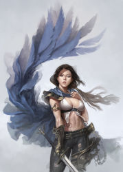 Rule 34 | 1girl, armor, bad id, belt, black hair, cameltoe, cape, capelet, chain, dongho kang, gauntlets, gradient background, haing, long hair, looking at viewer, navel, parted lips, pauldrons, sheath, shoulder armor, single gauntlet, skin tight, solo, sword, torn clothes, weapon
