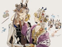 1boy 1girl antlers applying_another&#039;s_makeup arknights blonde_hair braid brown_hair chibi choker closed_mouth colored_extremities earrings eye_contact flower frills grey_background grey_eyes grey_hair hair_flower hair_ornament hair_over_shoulder highres holding horns jewelry ji_(arknights) long_hair long_sleeves looking_at_another makeup makeup_brush mole mole_under_eye official_alternate_costume pointy_ears profile shu_(arknights) shu_(spring_feast)_(arknights) simple_background smile watermark weiguang651 yellow_choker