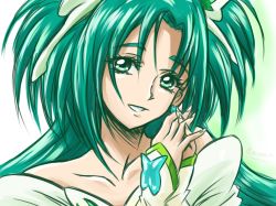 Rule 34 | 00s, 1girl, akimoto komachi, arm warmers, arudebido, bare shoulders, cure mint, dress, earrings, eyelashes, fingerless gloves, gloves, green eyes, green hair, hair ornament, happy, jewelry, long hair, looking at viewer, magical girl, matching hair/eyes, precure, sketch, smile, solo, yes! precure 5