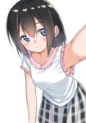 Rule 34 | 1girl, armpits, black hair, blue eyes, blurry, blurry foreground, blush, breasts, closed mouth, collarbone, commentary request, depth of field, grey skirt, hair between eyes, highres, leaning forward, looking at viewer, original, outstretched arm, plaid, plaid skirt, reaching, reaching towards viewer, shirt, simple background, skirt, sleeveless, sleeveless shirt, small breasts, smile, solo, suzunari shizuku, white background, white shirt, yuki arare