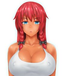 Rule 34 | 1girl, :o, bare shoulders, blue eyes, blush, bow, braid, breasts, brown hair, cleavage, collarbone, covered erect nipples, dark-skinned female, dark skin, female focus, hair bow, highres, hong meiling, large breasts, long hair, no bra, open mouth, simple background, solo, sweatdrop, takaman (gaffe), tan, tank top, touhou, twin braids, upper body, white background