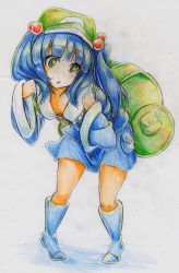 Rule 34 | 1girl, absurdres, backpack, bad id, bad pixiv id, bag, bent over, blue hair, boots, colored pencil (medium), downblouse, female focus, green eyes, hair bobbles, hair ornament, hat, highres, kawashiro nitori, key, kitazinger, oversized clothes, oversized shirt, shirt, short hair, skirt, skirt set, solo, touhou, traditional media, twintails, two side up