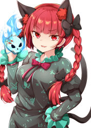 Rule 34 | 1girl, animal ear fluff, animal ears, black bow, black dress, blunt bangs, bow, bowtie, braid, cat ears, cat girl, cat tail, dress, extra ears, hair bow, hand on own hip, kaenbyou rin, long sleeves, looking at viewer, print dress, red bow, red bowtie, red eyes, red hair, rururiaru, simple background, skull, smile, solo, tail, touhou, twin braids, white background