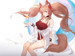 Rule 34 | 1girl, angelina (arknights), angelina (summer flower) (arknights), animal ear fluff, animal ears, arknights, black collar, bow, breasts, brown hair, collar, collarbone, commentary, cup, earpiece, feet out of frame, fox ears, fox girl, fox tail, holding, holding cup, j fang, jewelry, large breasts, long hair, looking at viewer, necklace, official alternate costume, one-piece swimsuit, orange eyes, red bow, red ribbon, red one-piece swimsuit, ribbon, sitting, sketch, solo, swimsuit, swimsuit cover-up, tail, thigh strap, thighs, twintails, wristband