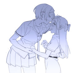 Rule 34 | 10s, 2girls, age difference, ahn, blue theme, blush, bow, child, closed eyes, collared shirt, earrings, full-face blush, hair bow, hand on another&#039;s head, hayami kanade, height difference, holding hands, idolmaster, idolmaster cinderella girls, jewelry, long hair, monochrome, multiple girls, necklace, necktie, onee-loli, pleated skirt, profile, school uniform, shirt, short hair, short sleeves, sketch, skirt, tachibana arisu, wavy mouth, yuri