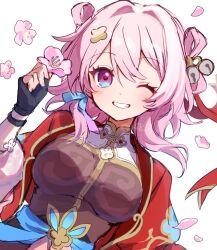 Rule 34 | 1girl, bell, belt, black dress, black gloves, blue belt, blue eyes, breasts, check commentary, cherry blossoms, chinese clothes, clenched teeth, commentary request, dress, earrings, fingerless gloves, flower, gloves, hair ornament, hairpin, high belt, highres, holding, holding flower, honkai: star rail, honkai (series), jewelry, jingle bell, march 7th (honkai: star rail), march 7th (hunt) (honkai: star rail), medium breasts, medium hair, official alternate costume, official alternate hairstyle, petite, pink eyes, pink hair, rono (iwant ab), shuangyaji, single earring, smile, solo, teeth, twitter username, two-tone eyes, upper body, white background
