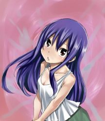 Rule 34 | 1girl, bare shoulders, blue hair, blush, breasts, brown eyes, cleavage, fairy tail, from side, grey eyes, head tilt, long hair, looking at viewer, mashima hiro, official art, parted lips, pink background, purple hair, small breasts, solo, tank top, upper body, v arms, very long hair, wendy marvell