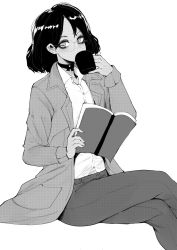 Rule 34 | 1girl, book, choker, coat, commission, cup, dress shirt, drinking, glasses, greyscale, highres, monochrome, mug, norman maggot, pants, shirt, simple background, sitting, white background