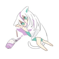 Rule 34 | 1girl, animal ears, bare legs, barefoot, cat ears, cat girl, cat tail, chibi, closed mouth, commentary, cup, disposable cup, dress, drinking straw, empty eyes, english commentary, full body, green eyes, grimace shake (meme), hair between eyes, highres, jitome, long hair, long sleeves, lying, matcha ore p, meme, milkshake, on floor, original, oversized clothes, oversized shirt, purple liquid, shirt, sidelocks, simple background, solo, tail, white background, white dress, white hair