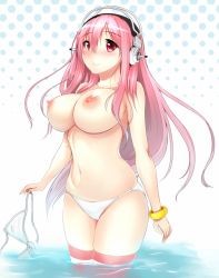 Rule 34 | 1girl, bikini, blush, breasts, female focus, headphones, highres, large breasts, long hair, looking at viewer, navel, nipples, nitroplus, partially submerged, pink eyes, pink hair, smile, solo, striped clothes, striped thighhighs, super sonico, swimsuit, thighhighs, thighs, topless, unworn bikini top, wading, yuna (spn28u79)