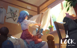 Rule 34 | 1girl, asahi rokka, backpack, bag, bang dream!, barefoot, bed, bedroom, blue hair, bohemian rhapsody, character name, clothes hanger, commentary, curtains, day, electric guitar, english commentary, english text, falling leaves, flower, glasses, guitar, hair bobbles, hair ornament, highres, holding, holding instrument, indoors, instrument, lamp, leaf, lock (bang dream!), long hair, low twintails, on bed, plant, polka dot sleeves, poster (object), potted plant, queen (band), red skirt, regition, shirt, sitting, skirt, smile, solo, strandberg guitars, t-shirt, twintails, unworn backpack, unworn bag, white shirt, yellow flower