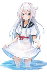 Rule 34 | 10s, 1girl, adapted costume, blue eyes, clothes lift, collarbone, dress, dress lift, hair between eyes, hibiki (kancolle), highres, kantai collection, kyoubu, long hair, red ribbon, ribbon, sailor collar, short sleeves, silver hair, smile, solo, water, white background, white dress