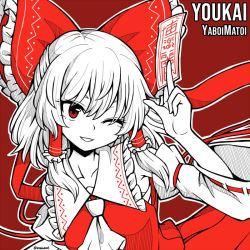 Rule 34 | 1girl, album cover, album name, ascot, bow, commentary, cover, detached sleeves, english commentary, frilled bow, frills, hair bow, hair tubes, hakurei reimu, hand up, holding, japanese clothes, long sleeves, medium hair, miko, monochrome, ofuda, one eye closed, red background, red bow, red eyes, red theme, simple background, smile, solo, touhou, vest, wide sleeves, wool (miwol)