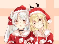 2girls :o ;d alternate_costume amatsukaze_(kancolle) black_choker blush brown_eyes choker commentary_request fur-trimmed_headwear fur_collar fur_trim grin hair_tubes hat head_tilt highres kantai_collection multiple_girls one_eye_closed open_mouth parted_bangs pink_background red_headwear santa_costume santa_hat shimakaze_(kancolle) silver_hair sketch smile suwakana two-tone_background two_side_up upper_body