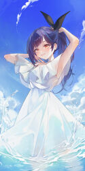 Rule 34 | 1girl, absurdres, arm behind head, armpits, black ribbon, blue hair, blue sky, cloud, dress, fang, hair ribbon, highres, holding, holding own hair, lilpa, looking at viewer, multicolored hair, no bra, off-shoulder dress, off shoulder, open mouth, orange eyes, orange nails, purple hair, ribbon, s0104y, short dress, skin fang, sky, smile, solo, streaked hair, wading, waktaverse, water, water drop, wet, white dress