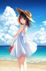 Rule 34 | 1girl, bare arms, bare shoulders, beach, brown eyes, brown hair, cloud, cloudy sky, day, dress, flip-flops, hand on headwear, hat, holding, holding shoes, horizon, kamon (shinshin), looking at viewer, looking back, ocean, original, outdoors, sandals, shoes, unworn shoes, short dress, short hair, sky, sleeveless, sleeveless dress, smile, solo, standing, straw hat, sun hat, sundress, sura (mana0703), water