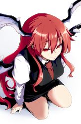 Rule 34 | 1girl, arm support, bad id, bad twitter id, black skirt, black vest, breasts, closed mouth, demon girl, demon wings, foreshortening, formal, from above, head wings, juliet sleeves, kneeling, koakuma, lefthand, long hair, long sleeves, medium breasts, necktie, pencil skirt, pointy ears, puffy sleeves, red eyes, red hair, red necktie, skirt, skirt set, skirt suit, smile, solo, suit, touhou, vest, wings