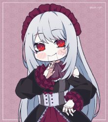 Rule 34 | 1girl, blush, chibi, commentary, crack, doll girl, doll joints, gothic lolita, grey hair, hairband, highres, indie virtual youtuber, joints, jowol, kukie-nyan, lolita fashion, lolita hairband, looking at viewer, marionette, ojou-sama pose, puppet, red eyes, sidelocks, smile, solo, symbol-only commentary, virtual youtuber