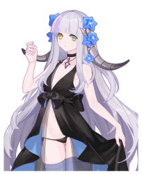Rule 34 | 1girl, bare arms, bare shoulders, black bow, black dress, black panties, blue flower, bow, breasts, character request, collarbone, commentary request, dress, flower, forever 7th capital, frown, green eyes, highres, horns, lis zhu long, long hair, navel, no nose, panties, pink eyes, simple background, small breasts, solo, thighhighs, underwear, very long hair, white background, white hair, yellow eyes