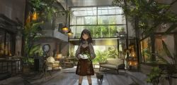 Rule 34 | 1girl, armchair, black hair, brown eyes, cat, chair, couch, dress, hanging light, holding, indoors, lm7 (op-center), long hair, long sleeves, original, plant, potted plant, scenery, solo, standing, tree, window