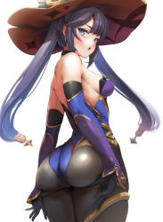 Rule 34 | 1girl, ass, ass grab, back, bad id, bad twitter id, bare shoulders, black gloves, black hair, blue hat, blue leotard, blush, bodystocking, breasts, brown pantyhose, choker, commentary, detached sleeves, elbow gloves, genshin impact, gloves, gold trim, green eyes, hat, hat ornament, highleg, highleg leotard, highres, huge ass, ipuu (el-ane koubou), leotard, long hair, looking at viewer, looking back, medium breasts, mona (genshin impact), open mouth, pantyhose, simple background, solo, sweatdrop, thighlet, thighs, twintails, white background, witch hat