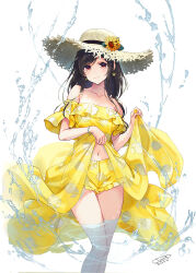 Rule 34 | 1girl, bare shoulders, black hair, breasts, brown hat, closed mouth, clothes lift, collarbone, dated, dress, dress lift, earrings, feet out of frame, flower, frilled shorts, frills, hat, hat flower, highres, jewelry, large breasts, lifted by self, long hair, looking at viewer, navel, original, red eyes, sanbasou, short shorts, shorts, shorts under dress, signature, simple background, smile, solo, standing, strapless, strapless dress, straw hat, sunflower, water, white background, yellow dress, yellow flower, yellow shorts