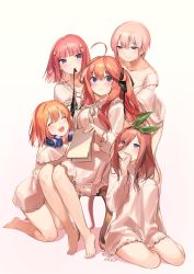 Rule 34 | 5girls, :d, ^ ^, absurdres, ahoge, artist name, bare legs, bare shoulders, barefoot, blue eyes, blunt bangs, blush, breasts, brown hair, butterfly hair ornament, chair, closed eyes, closed mouth, collarbone, earrings, frown, go-toubun no hanayome, green ribbon, grey background, hair between eyes, hair ornament, hair ribbon, hand on own face, headphones, headphones around neck, highres, holding, hug, jewelry, kneeling, large breasts, long hair, long sleeves, looking at viewer, looking up, mirror, mouth hold, multiple girls, nakano ichika, nakano itsuki, nakano miku, nakano nino, nakano yotsuba, nightgown, nys, on chair, one side up, open mouth, orange hair, parted lips, pink hair, quintuplets, red hair, ribbon, short hair, siblings, signature, simple background, sisters, sitting, smile, star (symbol), star hair ornament, stud earrings, sweat, very long hair, white ribbon, yokozuwari