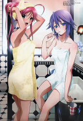 Rule 34 | 00s, 2girls, :d, :t, absurdres, adjusting hair, ahoge, akashiya moka, alternate hairstyle, arm support, armpits, arms up, asaki akiko, bare shoulders, bathroom, beads, blue eyes, blue hair, blush, body blush, bottle, breasts, brushing teeth, chain, cleavage, clenched hands, coffee mug, collar, cowboy shot, cross, cup, fang, flipped hair, flower, from side, gem, green eyes, hair between eyes, hair bun, highres, indoors, kneepits, lamp, long hair, looking at viewer, looking back, medium breasts, megami magazine, mug, multiple girls, naked towel, non-web source, octagon and dot, official art, open mouth, pink hair, profile, purple hair, red hair, rosario+vampire, scan, shirayuki mizore, short hair, sidelocks, single hair bun, sink, sitting, small breasts, smile, spiked hair, standing, tile floor, tile wall, tiles, toothbrush, towel, towel on head, white towel, yellow towel