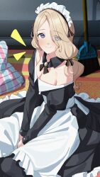 Rule 34 | 1girl, absurdres, alternate costume, apron, blonde hair, blue eyes, bow, breasts, broom, cleavage, earrings, fire emblem, fire emblem: three houses, hair bow, hair over shoulder, highres, jewelry, long hair, low-tied long hair, low ponytail, maid, maid apron, maid headdress, medium breasts, mercedes von martritz, nintendo, sethtya23, solo
