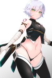 Rule 34 | 1girl, bandaged arm, bandages, bare shoulders, black panties, black thighhighs, black vest, boots, breasts, cropped vest, facial scar, fate/apocrypha, fate/grand order, fate (series), green eyes, hair between eyes, highleg, highleg panties, highres, ichi kq, jack the ripper (fate/apocrypha), looking at viewer, navel, panties, scar, scar across eye, scar on cheek, scar on face, short hair, shoulder tattoo, small breasts, tattoo, thigh boots, thighhighs, thighs, underwear, vest, white hair