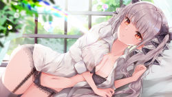 Rule 34 | 1girl, arm under breasts, azur lane, black bra, black panties, black thighhighs, blunt bangs, bra, breasts, cleavage, commentary request, day, formidable (azur lane), garter straps, grey hair, hair ornament, highres, indoors, lingerie, long hair, long sleeves, looking at viewer, lying, medium breasts, mutang, navel, on side, open clothes, open shirt, panties, red eyes, shirt, single thighhigh, sleeves rolled up, solo, thighhighs, thighs, twintails, underwear, white shirt, window
