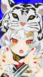 Rule 34 | 1girl, 2022, absurdres, artist name, braid, chinese zodiac, claw pose, commentary, dated, fang, fingernails, grey hair, hair ornament, hair over shoulder, highres, jewelry, long hair, low twin braids, low twintails, nail polish, new year, omutatsu, orange eyes, orange nails, original, personification, red nails, ring, sharp fingernails, signature, skin fang, slit pupils, solo, sparkling eyes, texture, tiger girl, tiger hat, translated, twin braids, twintails, year of the tiger
