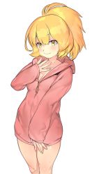Rule 34 | 1girl, aos, blonde hair, bottomless, commentary request, hood, hoodie, looking at viewer, naked hoodie, ponytail, short hair, simple background, solo, white background, yellow eyes
