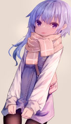Rule 34 | 1girl, absurdres, alternate costume, asymmetrical hair, bag, beige scarf, black pantyhose, blue dress, blue eyes, blue hair, commentary request, cowboy shot, crescent, dress, fang, grey background, highres, kantai collection, lips, logiclr, long sleeves, looking at viewer, minazuki (kancolle), pantyhose, plaid, plaid scarf, scarf, shirt, simple background, solo, white shirt
