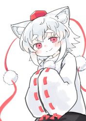 Rule 34 | 1girl, animal ear fluff, animal ears, closed mouth, grey hair, hands in opposite sleeves, hat, highres, inubashiri momiji, kibisake, looking at viewer, pom pom (clothes), red eyes, red hat, ribbon-trimmed sleeves, ribbon trim, shirt, short eyebrows, short hair, simple background, smile, solo, tokin hat, touhou, white background, white shirt, wide sleeves, wolf ears