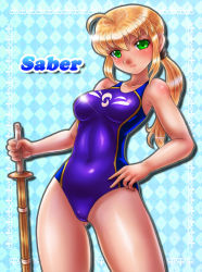 Rule 34 | artoria pendragon (all), artoria pendragon (fate), blonde hair, boken fantasy, competition swimsuit, fate/zero, fate (series), green eyes, highres, long hair, official alternate costume, one-piece swimsuit, ponytail, saber (fate), saber (summer battle clothes) (fate), shinai, solo, swimsuit, sword, weapon