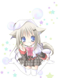 Rule 34 | 1girl, animal ears, blue eyes, bow, bubble, blowing bubbles, dog ears, dog tail, hat, little busters!, noumi kudryavka, pink bow, plaid, plaid skirt, school uniform, serafuku, skirt, solo, tail, thighhighs
