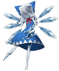 Rule 34 | 1girl, ascot, atlus, bad id, bad pixiv id, blue hair, bow, cirno, crazy eyes, dress, female focus, frozen, full body, hair bow, hands on own face, ice, ice cube, mazeran, persona, red eyes, ribbon, solo, touhou, transparent background, wings