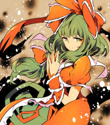 Rule 34 | 1girl, absurdres, bow, closed mouth, dress, frilled bow, frilled ribbon, frills, front ponytail, green eyes, green hair, hair bow, hair ribbon, highres, ichizen (o tori), kagiyama hina, long hair, one-hour drawing challenge, puffy short sleeves, puffy sleeves, red bow, red dress, red ribbon, ribbon, short sleeves, smile, solo, touhou, upper body