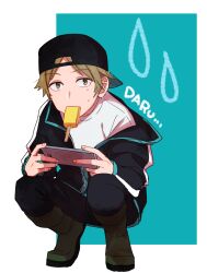 Rule 34 | 1boy, arafune squad&#039;s uniform, backwards hat, baseball cap, black hat, black jacket, black pants, boots, brown eyes, brown hair, cellphone, food, hanzaki yoshito, hat, holding, holding phone, jacket, long sleeves, looking at viewer, male focus, mouth hold, off shoulder, pants, phone, popsicle, shirt, short hair, solo, sonoda (mzm), squatting, sweat, white shirt, world trigger