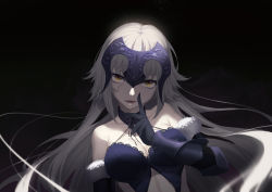 Rule 34 | 1girl, :d, black background, black bra, black gloves, bra, breasts, cleavage, collarbone, elbow gloves, fangs, fate/grand order, fate (series), floating hair, gloves, highres, index finger raised, jeanne d&#039;arc (fate), jeanne d&#039;arc alter (avenger) (fate), jeanne d&#039;arc alter (avenger) (third ascension) (fate), jeanne d&#039;arc alter (fate), large breasts, long hair, looking at viewer, maomaozi, open mouth, silver hair, simple background, smile, solo, underwear, upper body, very long hair, yellow eyes