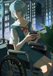 Rule 34 | 1girl, absurdres, ayanami rei, bandaged arm, bandages, blue dress, blue hair, building, chinese commentary, city, collarbone, commentary request, cup, danshui, dress, drink, expressionless, eyepatch, feet out of frame, from side, hair between eyes, highres, holding, holding cup, indoors, looking back, medical eyepatch, mug, neck ribbon, neon genesis evangelion, night, one eye covered, pinafore dress, plant, rain, red eyes, ribbon, sailor collar, school uniform, shirt, short hair, sitting, sleeveless, sleeveless dress, solo, tokyo-3 middle school uniform, wheelchair, white shirt, window