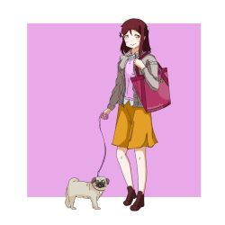 Rule 34 | 1girl, artist name, artist request, bag, bare legs, blush, boots, breasts, brown eyes, brown footwear, collared jacket, collared shirt, dog, female focus, full body, gray jacket, hair between eyes, hair ornament, hairclip, holding, jacket, long hair, long sleeves, looking at viewer, love live!, love live! sunshine!!, orange skirt, parted lips, pink vest, plaid, plaid skirt, pleated, pleated skirt, red hair, sakurauchi riko, shirt, shoulder bag, skirt, small breasts, smile, solo, standing, vest, white shirt, yellow eyes