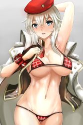 Rule 34 | 10s, 1girl, :d, alisa ilinichina amiella, areola slip, arm behind head, arm up, armpits, beret, bikini, blue eyes, blush, bracelet, breasts, cowboy shot, gluteal fold, god eater, god eater 2: rage burst, gradient background, grey background, groin, hair between eyes, hat, highres, jewelry, large breasts, long hair, looking at viewer, navel, nonoririn, off shoulder, open clothes, open mouth, plaid, plaid bikini, red bikini, red hat, shiny skin, silver hair, smile, solo, standing, stomach, sweat, swimsuit, thigh gap, underboob, undressing, very long hair