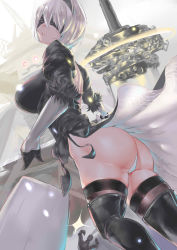 Rule 34 | 1girl, absurdres, android, ass, back, back cutout, black dress, black hairband, black thighhighs, blindfold, boots, breasts, clothing cutout, drag-on dragoon, dress, from behind, from below, gloves, hairband, highres, kumasang, large breasts, nier (series), nier:automata, parted lips, robot, shiny clothes, shiny skin, short hair, sideboob, sword, thigh boots, thighhighs, thong, underwear, weapon, 2b (nier:automata)