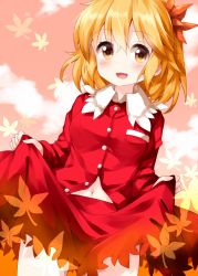 Rule 34 | 1girl, aki shizuha, blonde hair, cloud, cowboy shot, falling leaves, hair between eyes, hair ornament, highres, holding, holding clothes, holding skirt, leaf, leaf hair ornament, long sleeves, looking at viewer, maple leaf, open mouth, outdoors, pink sky, red shirt, red skirt, ruu (tksymkw), shirt, short hair, skirt, sky, smile, solo, standing, touhou, yellow eyes
