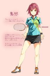 Rule 34 | 10s, 1girl, alternate costume, badminton racket, character name, full body, highres, kantai collection, kinu (kancolle), looking at viewer, pink background, racket, red eyes, red hair, sahuyaiya, shirt, shoes, short hair, shorts, simple background, skirt, smile, sneakers, solo, sportswear, standing, sweatband, t-shirt, tennis racket, tennis uniform, translation request