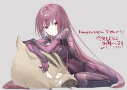 Rule 34 | 1girl, animal, boar, bodysuit, breasts, closed mouth, dated, eka eri, fate/grand order, fate (series), gloves, grey background, happy new year, large breasts, long hair, looking at viewer, new year, orange eyes, purple bodysuit, purple hair, scathach (fate), simple background, smile, solo, swept bangs, very long hair