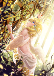 Rule 34 | 1girl, absurdres, angel wings, backless dress, backless outfit, bad id, bad pixiv id, blonde hair, blue eyes, bracelet, breasts, butt crack, clock, clockwork, dress, gears, highres, huge filesize, jewelry, large breasts, leaning on person, long hair, open mouth, original, plant, profile, solo, white dress, wings, zhuang yao