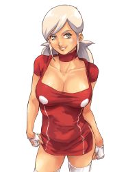 Rule 34 | 1girl, absurdres, breasts, cleavage, fingerless gloves, gloves, green eyes, grimm&#039;s fairy tales, highres, large breasts, lips, little red riding hood, little red riding hood (grimm), little red riding hoods zombie bbq, red theme, santi casas, smile, solo, standing, thighs, white hair